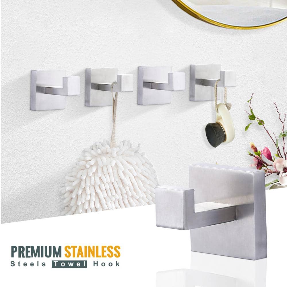 Brushed Nickel Square Base Wall Mounted Towel Hooks, Set of 4