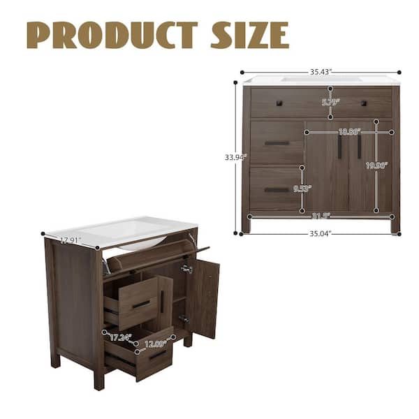 Deep Wood Grain 36 in. Single Sink Freestanding Bath Vanity with White Resin Top and 3-Drawers