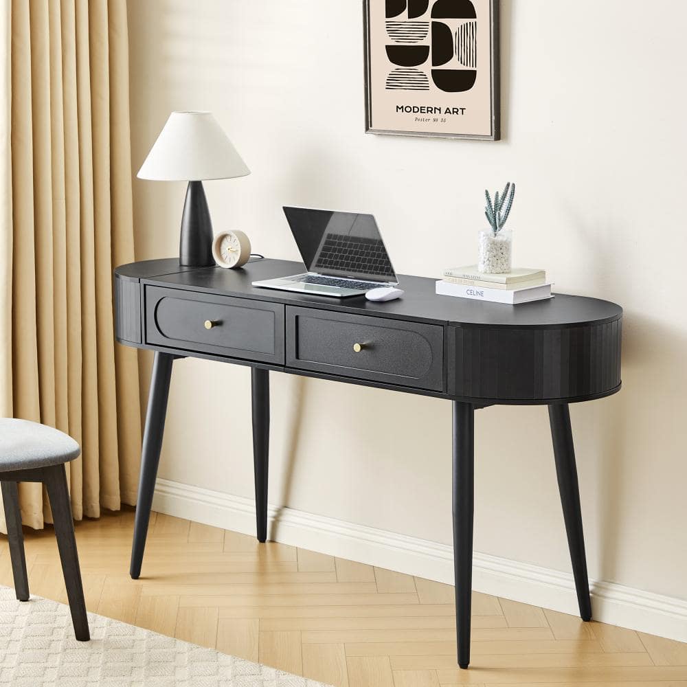 ATHMILE 19.69 in. Arc-Shaped Black MDF 2-Drawer Desk with Storage