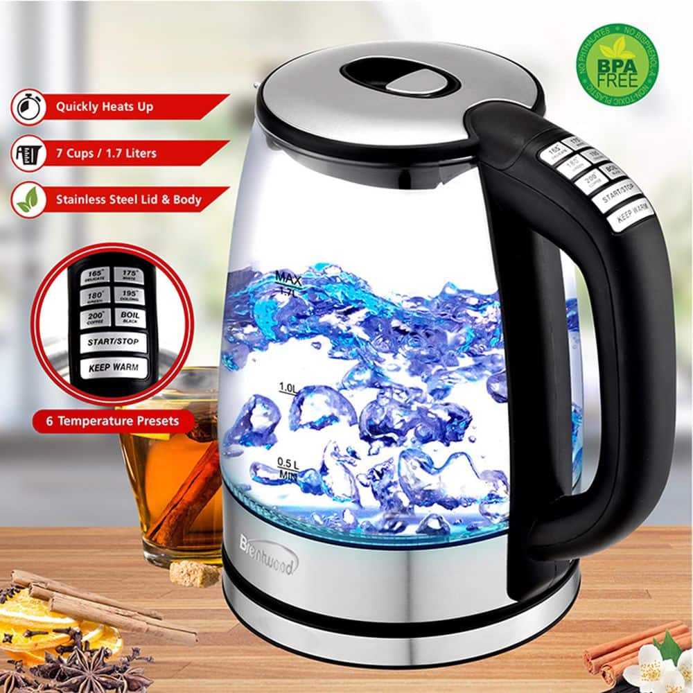 Brentwood 1.79-Qt Black Glass Electric Kettle with LED Light