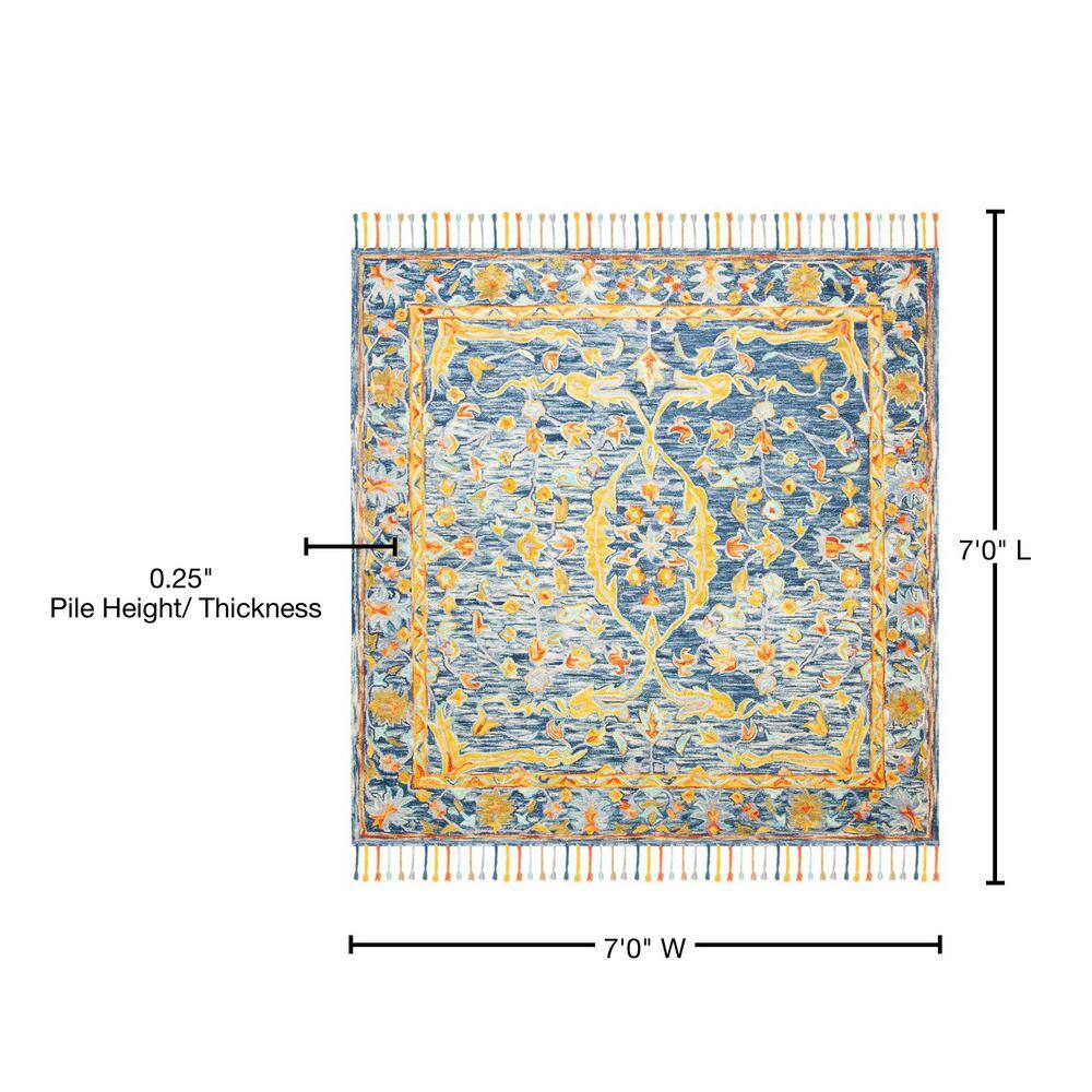 Handmade Tufted Wool Square Area Rug in Blue and Rust, 7' x 7'