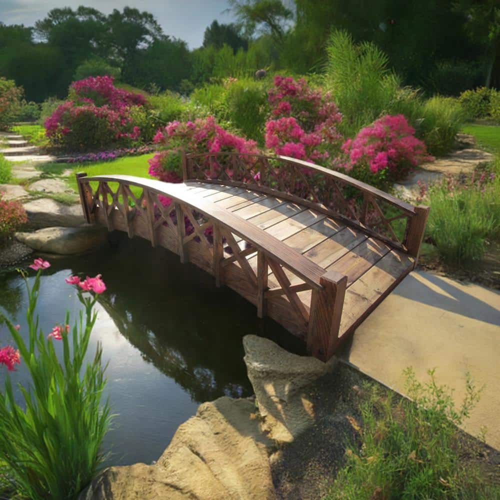 72" Brown Wood Garden Bridge with Cross Halved Lattice Railing