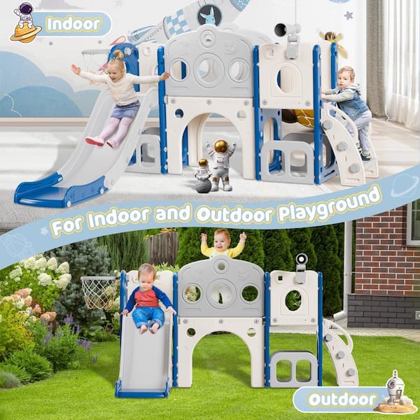 6.2 ft. Indoor Outdoor Blue and Gray 8-in-1 Astronaut Toddler Slide Set for Age 1-3 Kids Slide Climber Playset