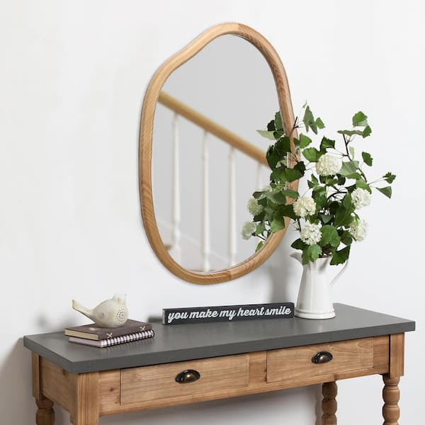 Brown 32 in. W x 22 in. H Irregular Wavy Wood Framed Wall Mirror,Abstract Asymmetrical Decorative Mirror for Living Room