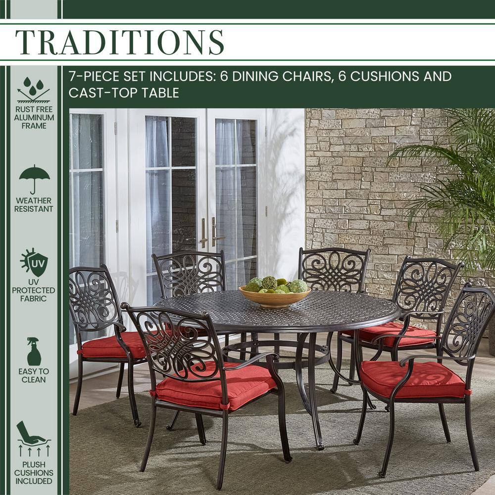 Hanover 60-Inch Cast-Top Red 7-Piece Dining Set