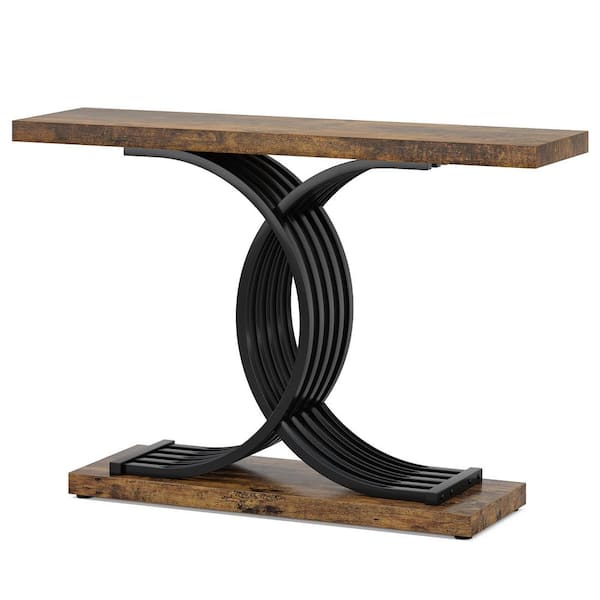 BYBLIGHT Terrella 39 in. Brown Rectangle Wood Console Table with Geometric Metal Legs, Narrow Wood Sofa Table Foyer Table