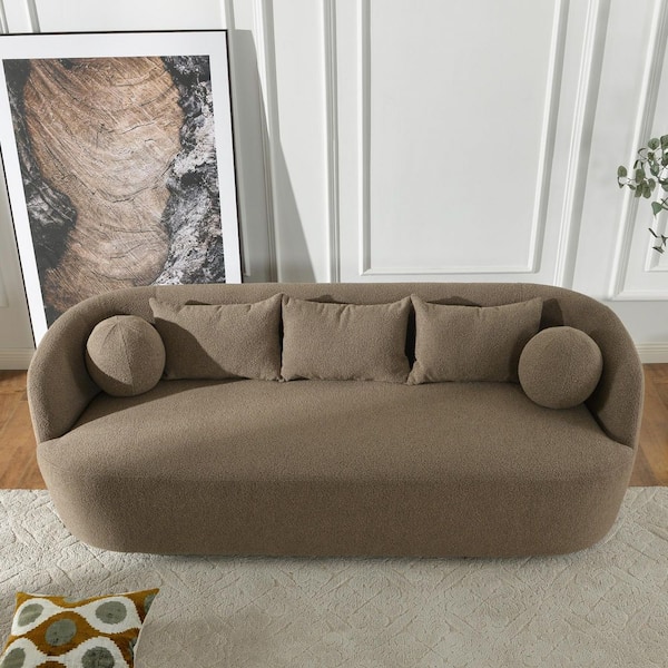 85 in. Round Arm Boucle Polyester 3-Seats Rectangle Sofa in Teddy Brown