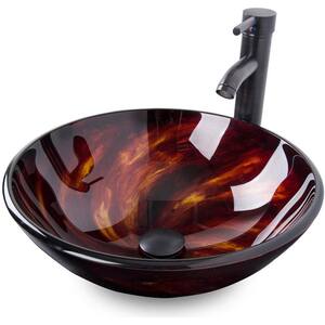 Glass Round Vessel Sink in Red with Hand-Painted Pattern