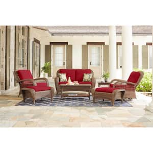 Beacon Park Brown Wicker Outdoor Patio Loveseat with CushionGuard Chili Red Cushions