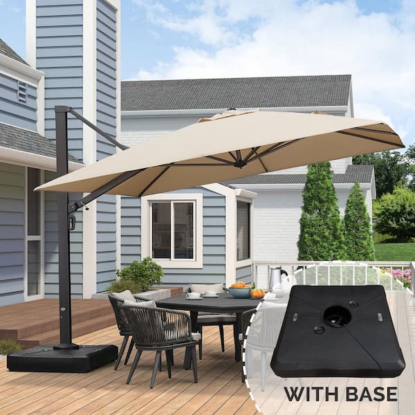 11 ft. Square Large Outdoor Aluminum Cantilever 360-Degree Rotation Patio Umbrella with Base, Beige