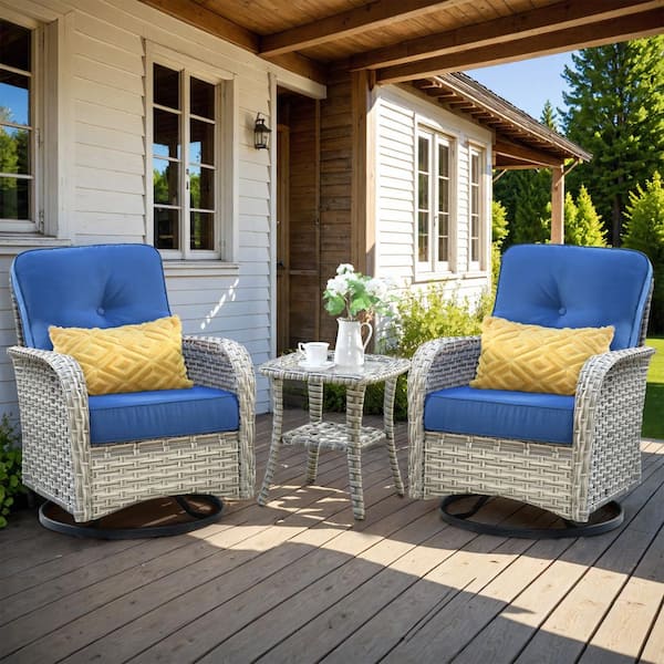 Clara 3-Piece Wicker Outdoor Patio Conversation Swivel Chair Set with a Side Table and Navy Blue Cushions
