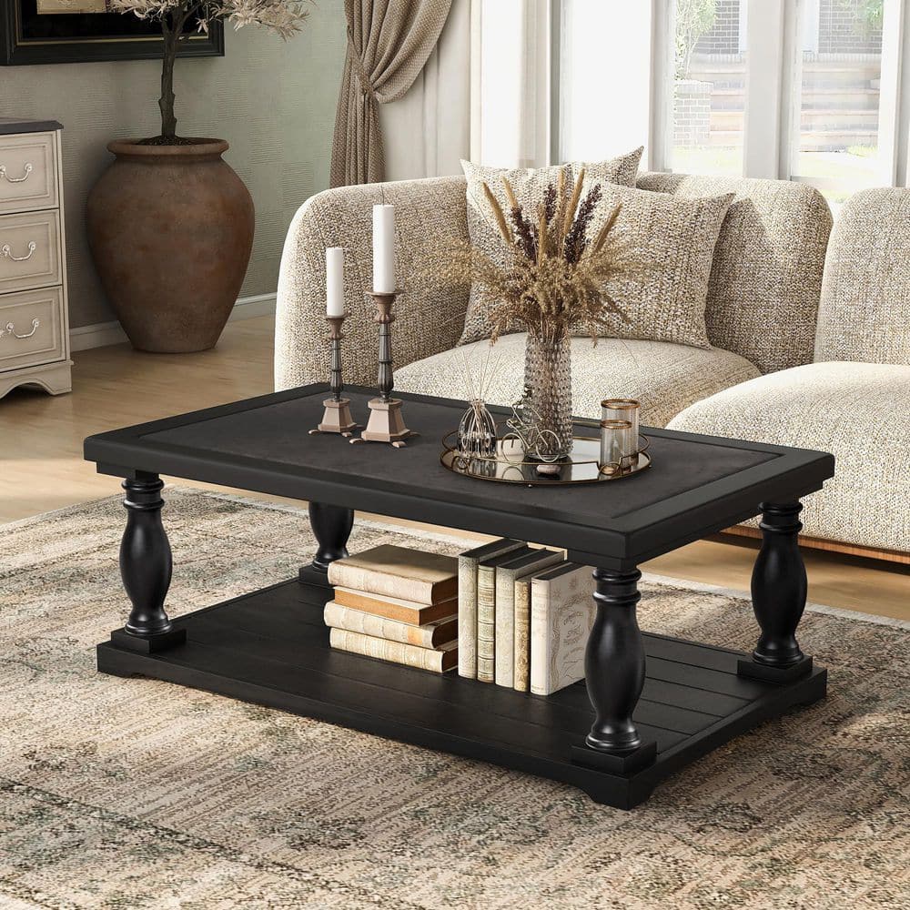 Farmhouse 43.7 in. Black Rectangle MDF Wood Coffee Table with Bottom Shelf and Turned Spindle Solid Wood Legs