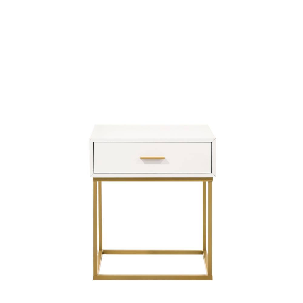 Catalina Mid-Century Modern White Rubberwood 1-Drawer Nightstand with Gold Legs