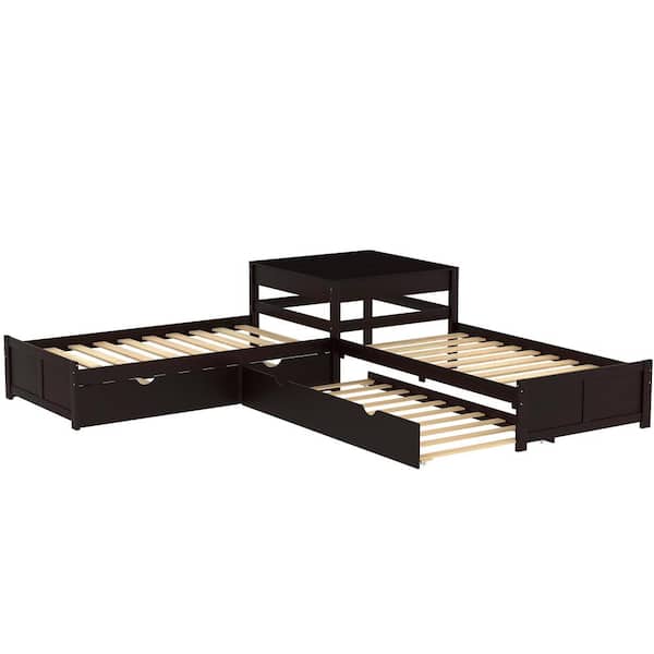 Qualler Espresso Twin Size L-shaped Platform Beds with 2-Trundles and ...