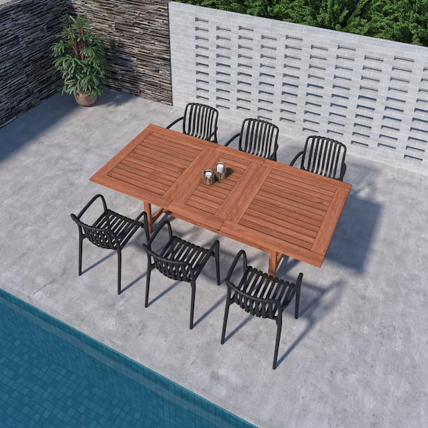 Havelock 7-Piece Dark Teak Finish Wood 100% FSC Rectangular Patio Dining Set Black