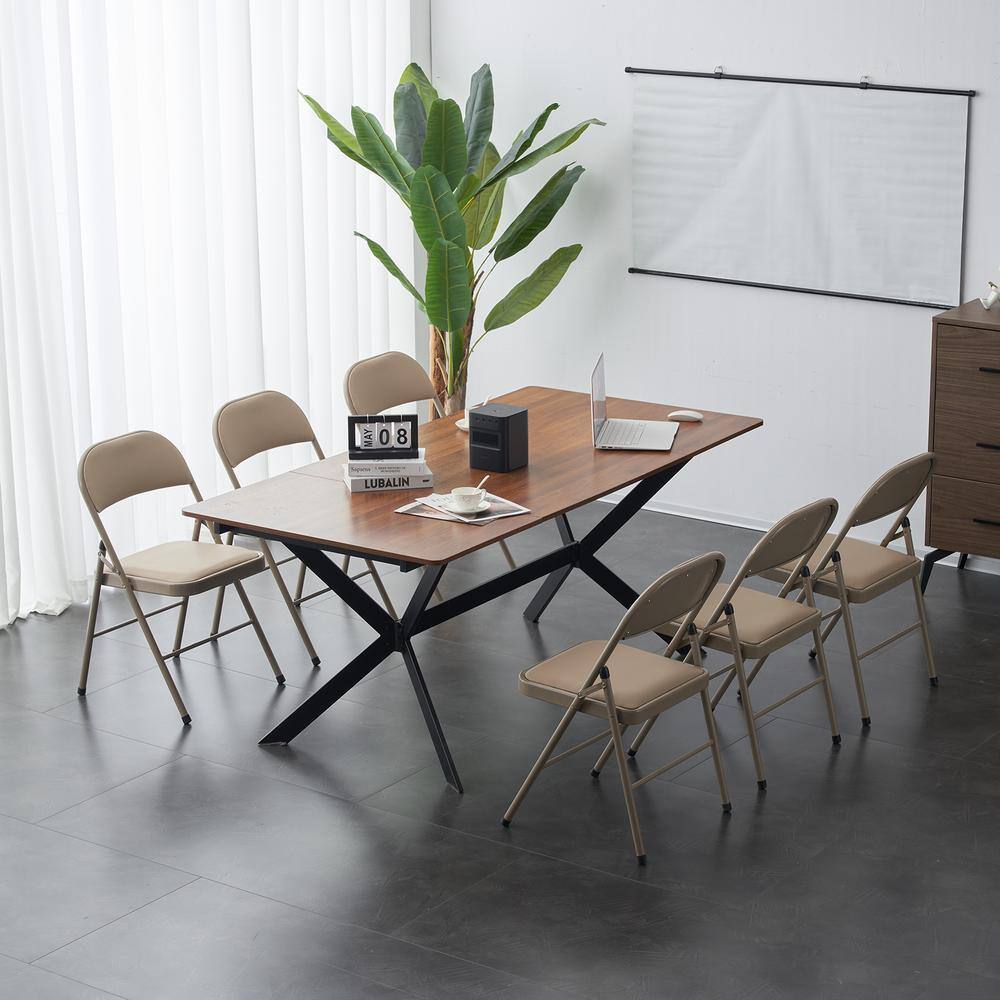 Set of 6 Light Brown Faux Leather Armless Folding Chairs with Metal Frame