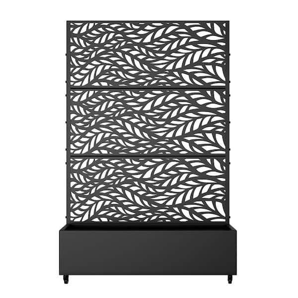 72 in. H x 47 in. W Rectanglar Black Outdoor Metal Privacy Screen Planter Box Wall Decor in Leaf Pattern