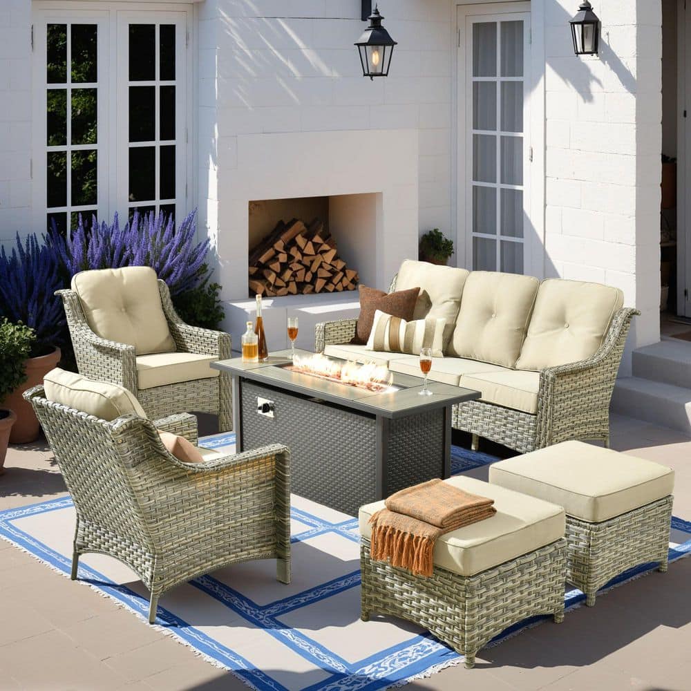 "Tulip Q 6-Piece Wicker Patio 54"" Fire Pit Conversation Set with Beige Cushions and Ottomans" price history on PriceWatchPro