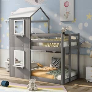 Gray Twin Over Twin Wood Bunk Bed with Roof and Window