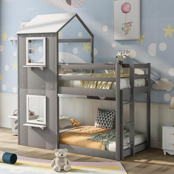 Harper & Bright Designs Gray Twin Over Twin Wood Bunk Bed with Roof and Window