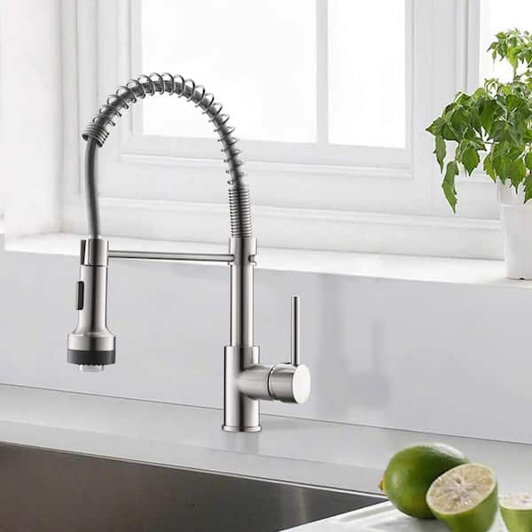 Single Handle Deck Mount Pull Down Sprayer Kitchen Faucet with LED in Brushed Nickel
