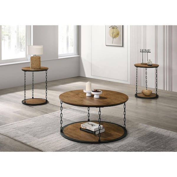 Aero 3-Piece Industrial 24 in. Natural Round Wood Top Coffee Table Set