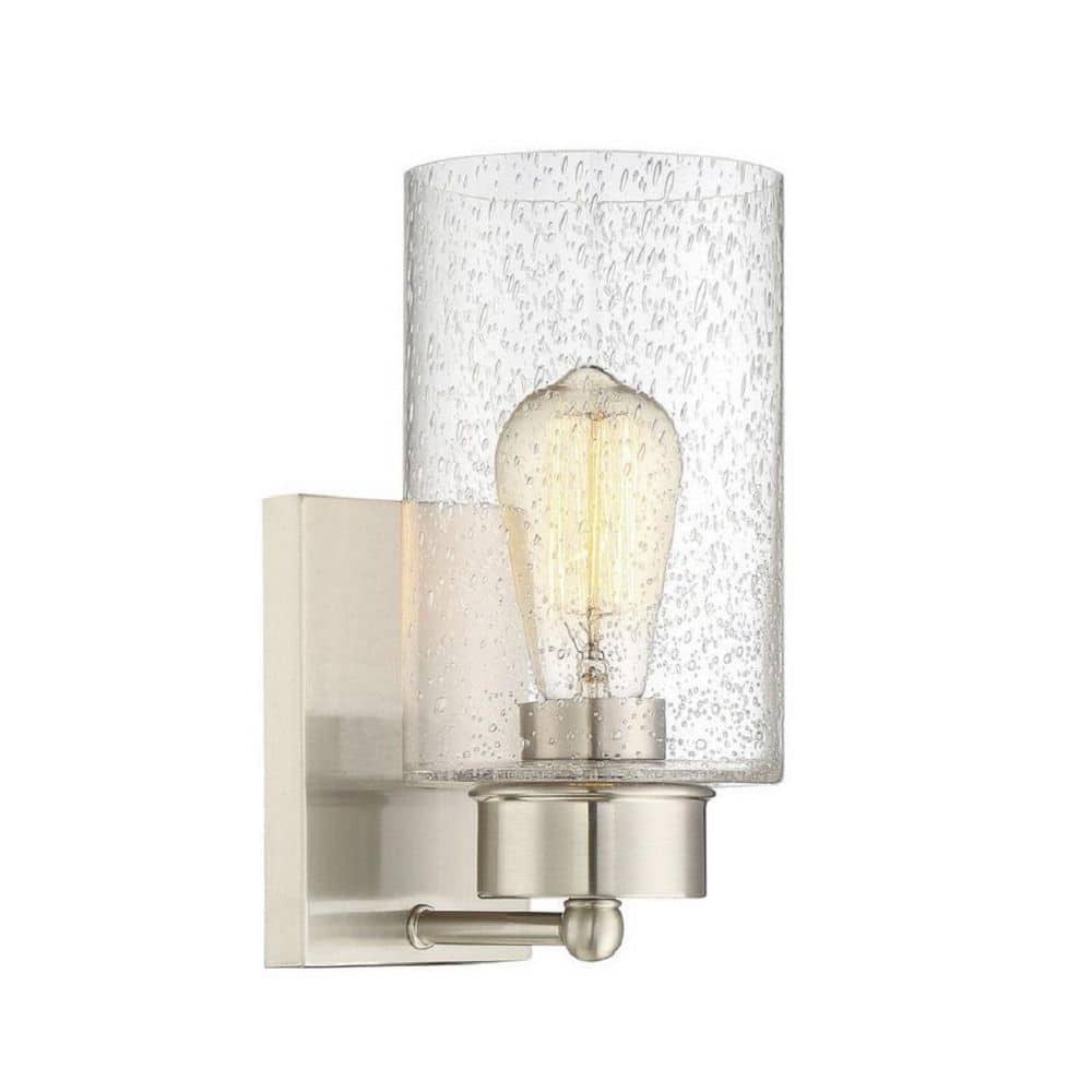 Coastal Brushed Nickel 1-Light Outdoor Wall Sconce with Seeded Glass
