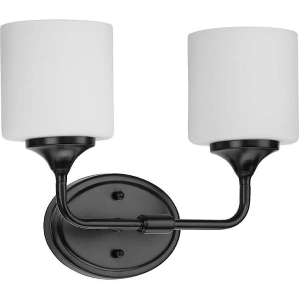 Progress Lighting Lynzie Collection 14.5 in. 2-Light Matte Black Etched Opal Glass Modern Bath Vanity Light