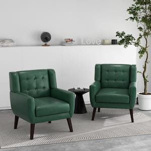 Mid-Century Modern Button Green PU Leather Accent Arm Chair (Set of 2)