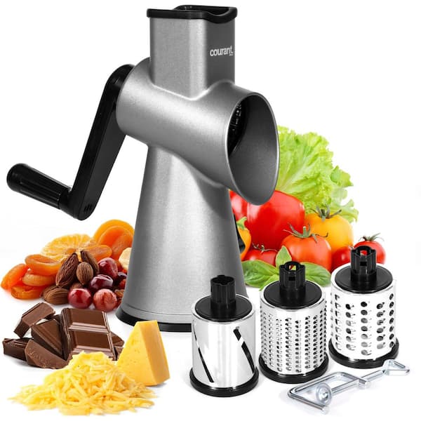 3-in-1 Alloy Steel Hand Crank Vegetable Slicer, Cheese Grater & Nut Grinder, Built-In with 3 Blades and Suction Base