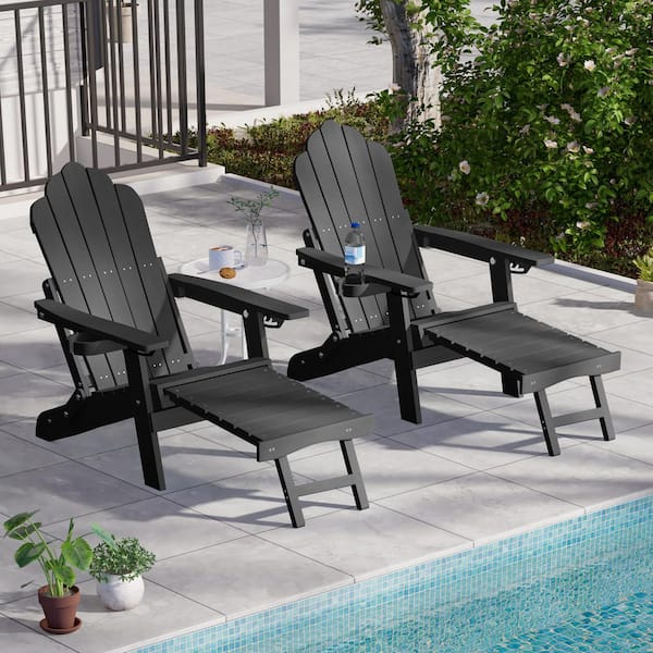 Black Folding Adirondack Chair with Retractable Ottoman, HIPS Adirondack Chair with Cup Holder (Set of 2)