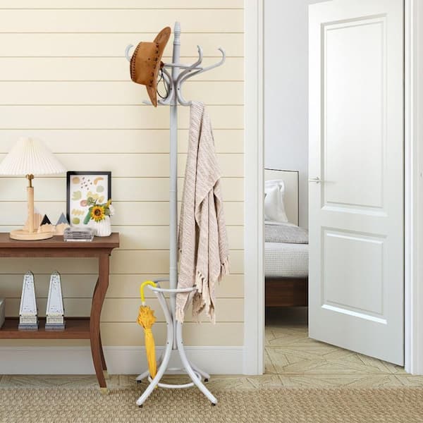 Clihome Gray Freestanding Solid Wood Coat Rack Coatstands with 12-Hooks and Umbrella Holder for Entryway Bedroom Storage