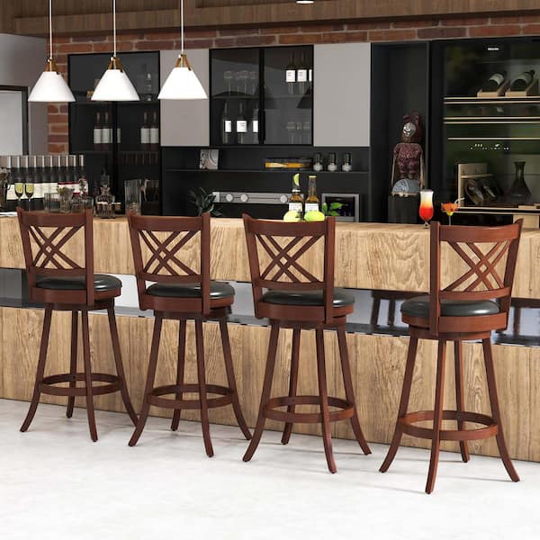 29 in. Brown High Back Wood Swivel Bar Stool Counter Stool with Faux Leather Seat (Set of 2)