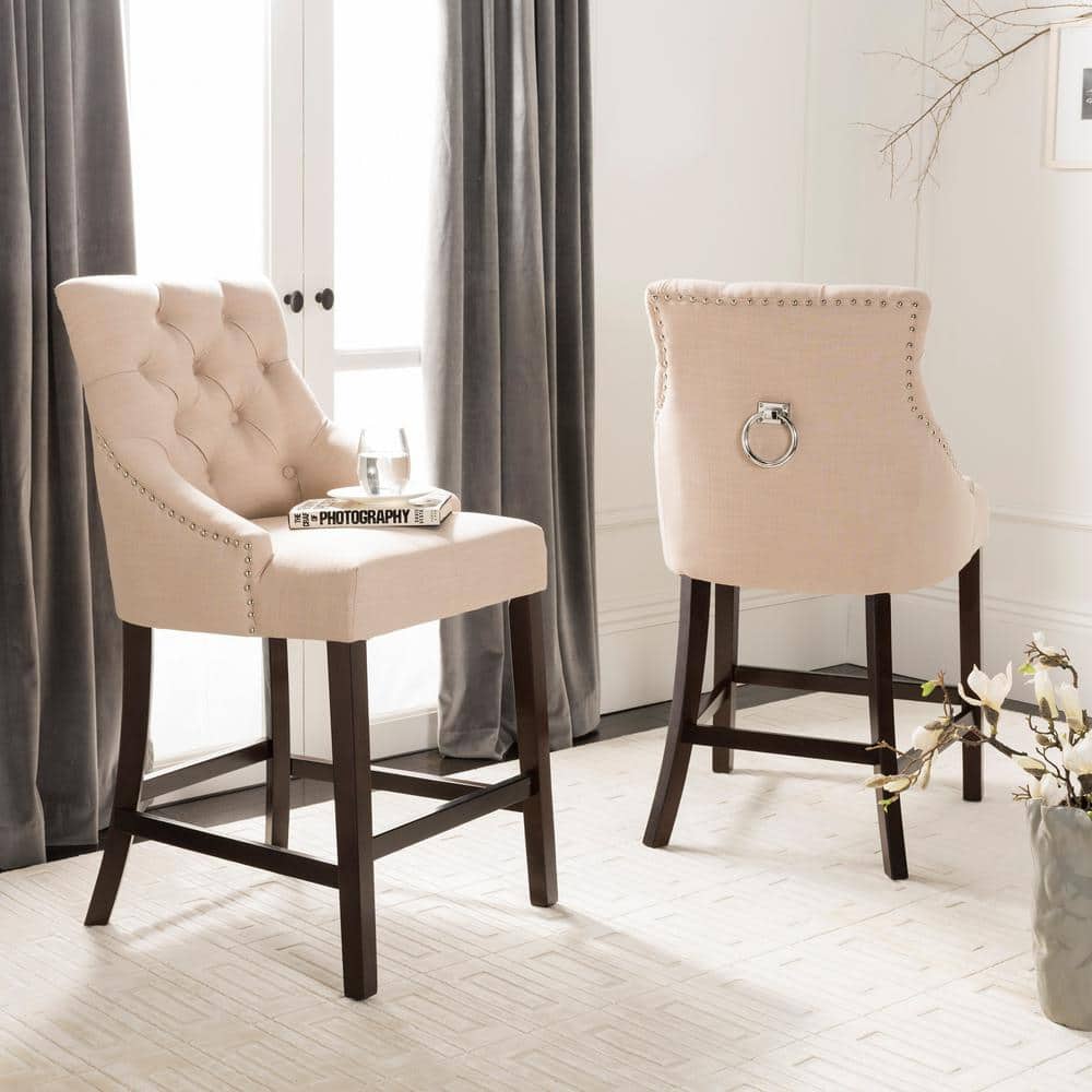 Eleni Beige Linen Tufted Wingback Counter Stools, Set of 2