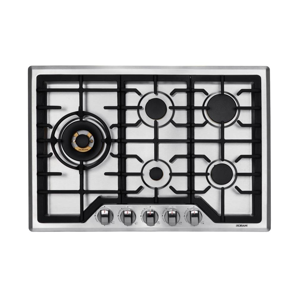 ROBAM 30 in. Powerful Gas Cooktop in Stainless Steel with 5 Brass Burners including 20,000 BTU Burner, Silver -  ROBAM-G513