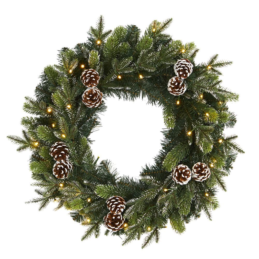 Nearly Natural 24 in. Pre-Lit Snowed Pinecone Artificial Christmas Wreath with 35 Clear LED Lights