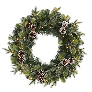 24 in. Pre-Lit Snowed Pinecone Artificial Christmas Wreath with 35 Clear LED Lights
