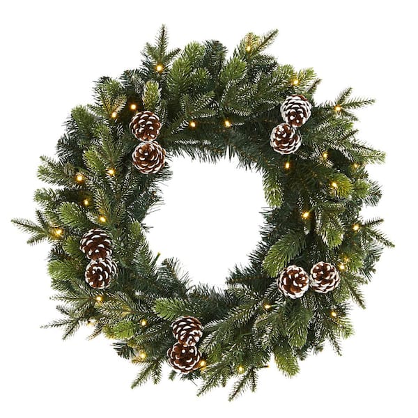 Nearly Natural 24 in. Pre-Lit Snowed Pinecone Artificial Christmas Wreath with 35 Clear LED Lights