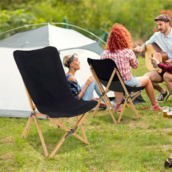 Costway Bamboo Metal Butterfly Black Folding Lawn Chair Set