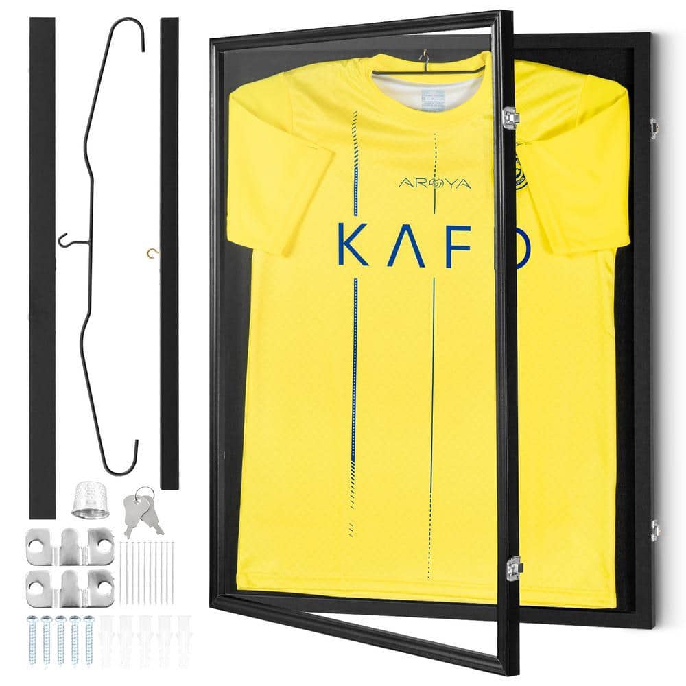 VEVOR Black Jersey Display Frame Case 24 x 32 x 1.5 in. Lockable Sport Jersey Shadow Box with UV Protection PC Glass Hangers