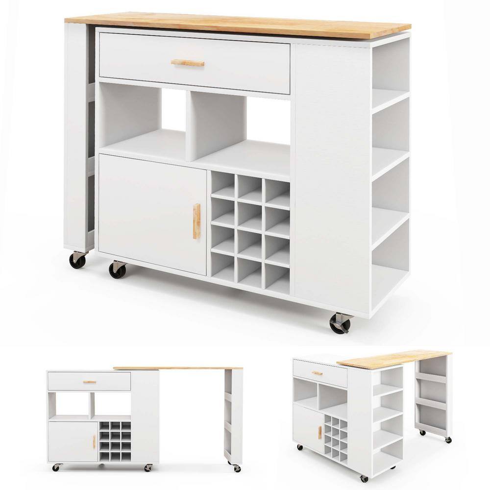 Dropship Multipurpose Kitchen Cart Cabinet With Side Storage Shelves,Rubber  Wood Top, Adjustable Storage Shelves, 5 Wheels, Kitchen Storage Island With  Wine Rack For Dining Room, Home,Bar,White to Sell Online at a Lower