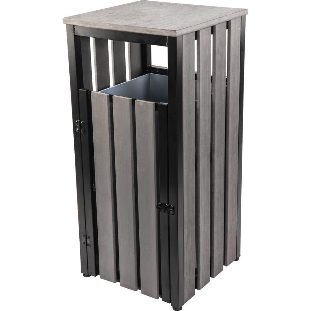 Charcoal Gray Wood and Metal Outdoor Waste Bin with Ashtray
