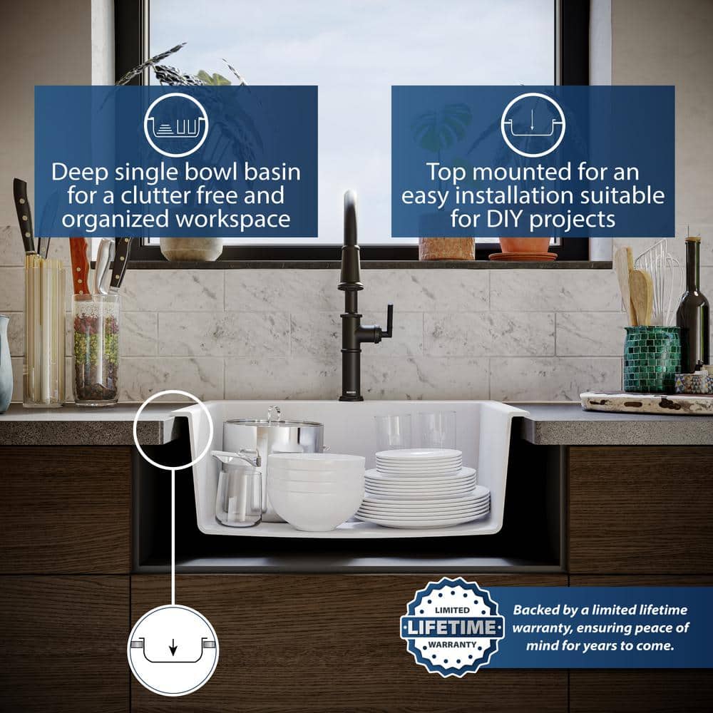 White Quartz 25'' Single Bowl Drop-In Kitchen Sink