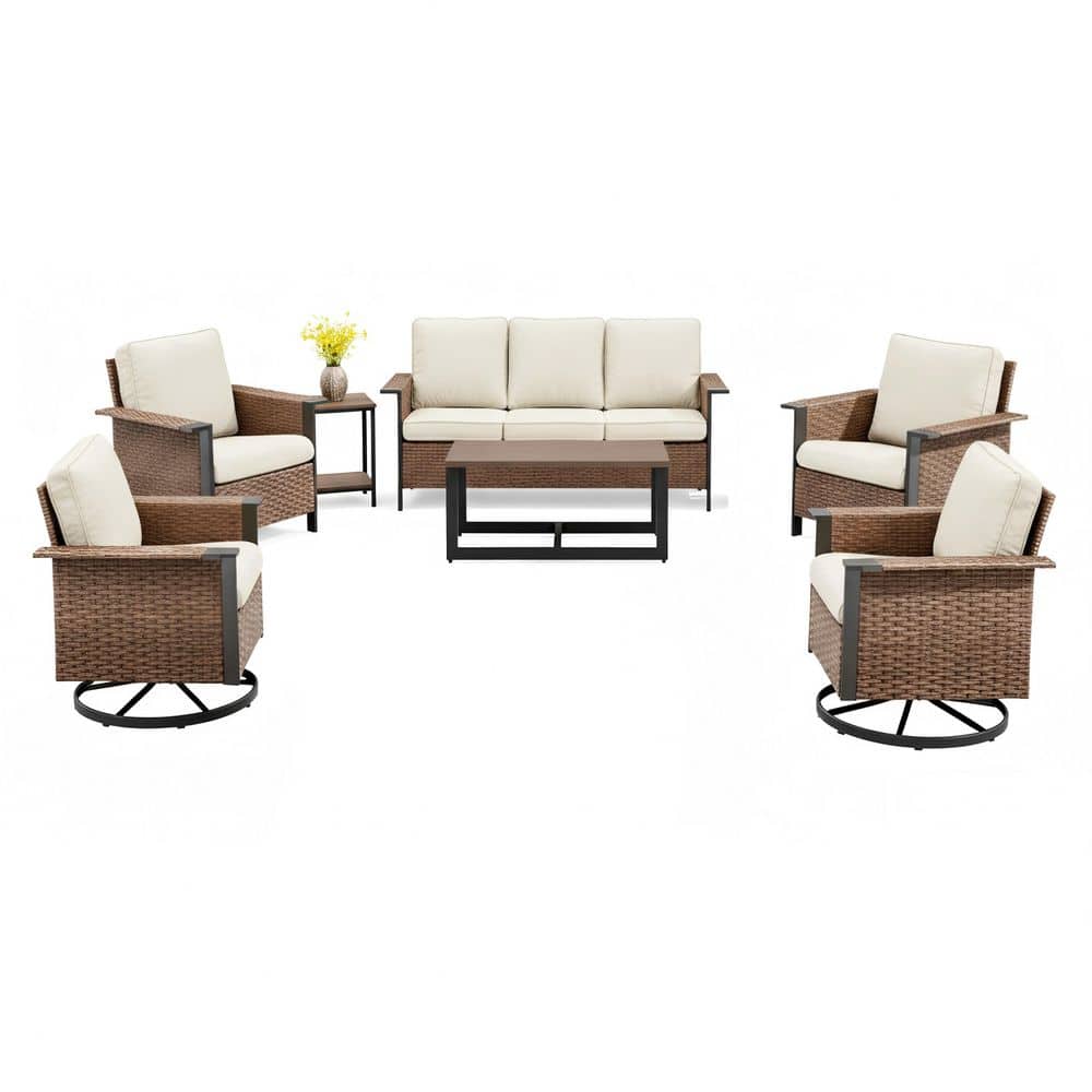 7-Piece Outdoor Wicker Patio Conversation Set with Swivel Chairs,Stationary Chairs,3-Seater Sofa with Beige Cushions price history on PriceWatchPro