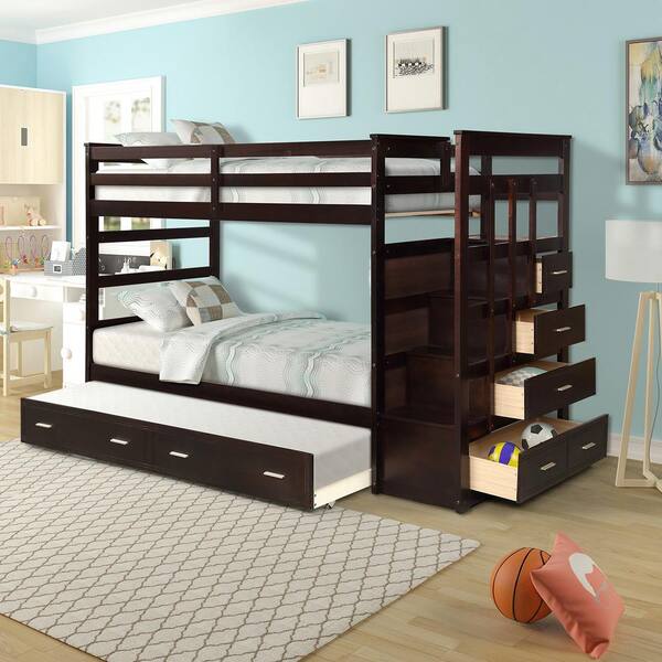 Harper & Bright Designs Espresso Twin Over Twin Bunk Bed with Trundle and Drawers