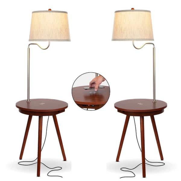 Owen 56 in. Havana Brown Mid-Century LED Bedside Table Lamp with Built-In USB Port and Wireless Charging Pad (2-Pack)