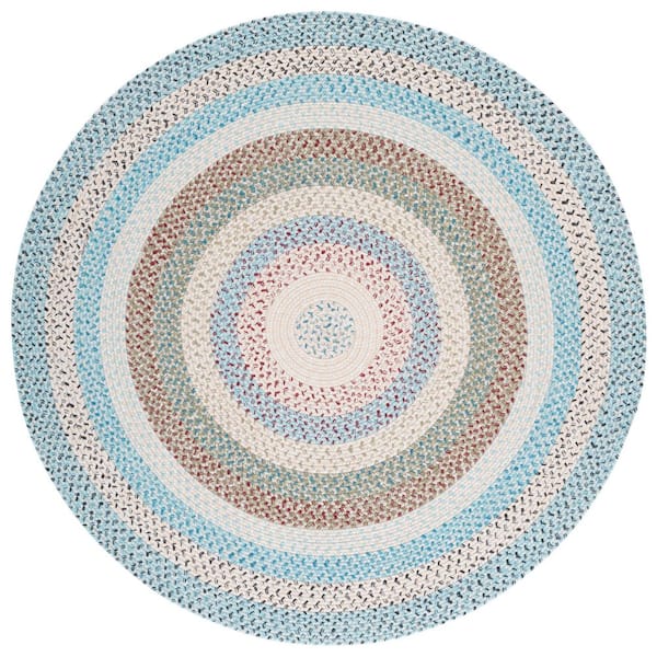Braided Beige/Light Blue 3 ft. x 3 ft. Machine Washable Striped Multicolor Round Area Rug