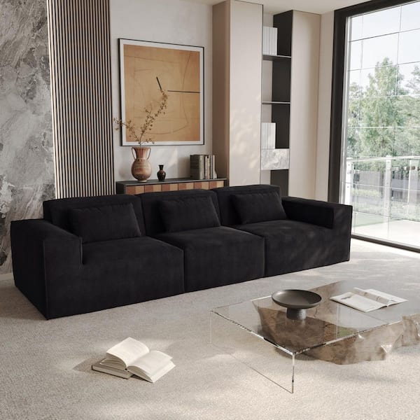 118 in. Square Arm Corduroy 3-Piece Modular Sectional Sofa in Black