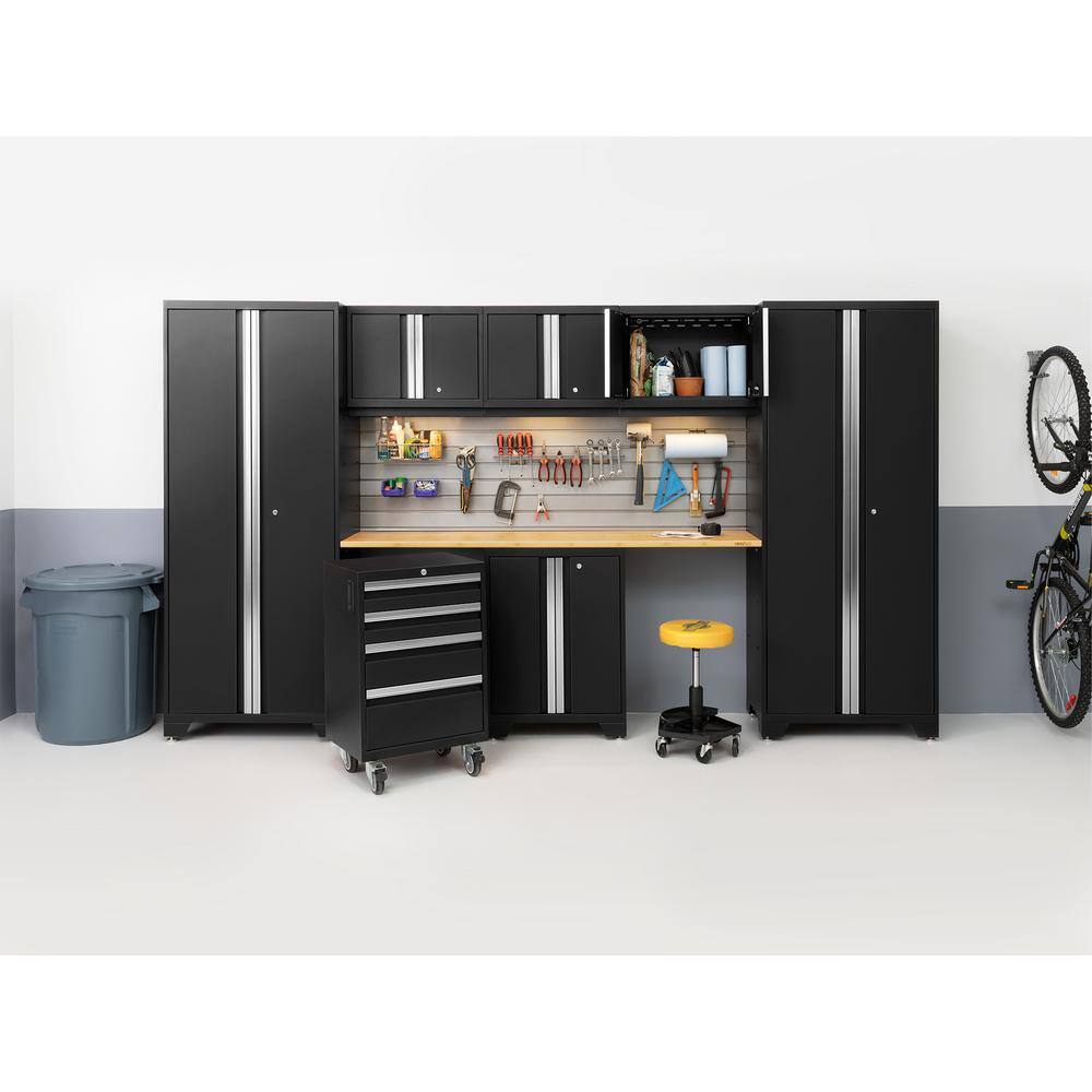 Black Lockable Garage Cabinet Set with Bamboo Worktop