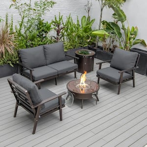 Walbrooke Brown 5-Piece Aluminum Round Patio Fire Pit Set with Charcoal Cushions and Tank Holder